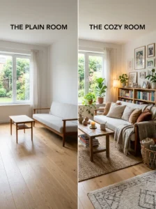Comparison of an empty decluttered room and a warm inviting living room