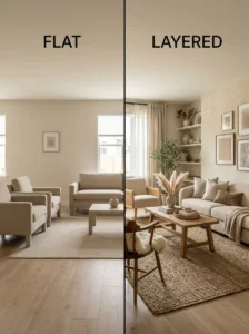 Comparison of flat and layered neutral living rooms