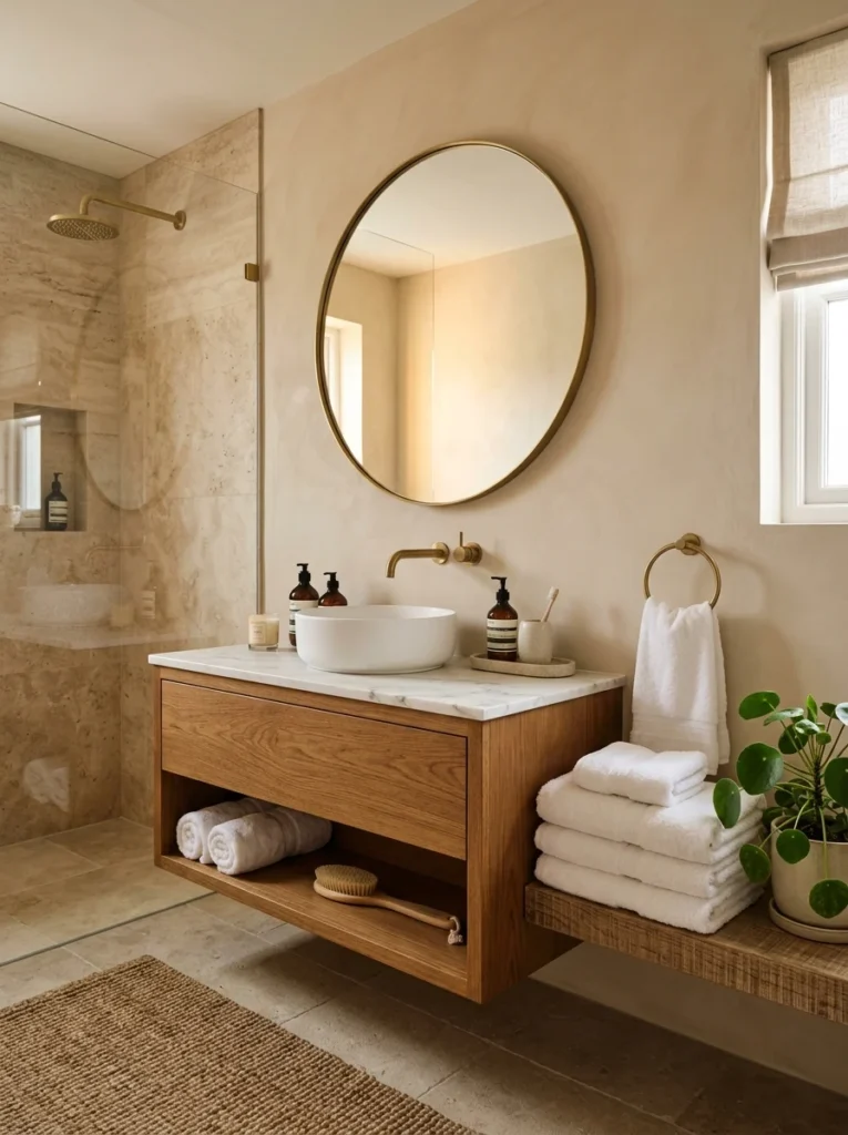 Small luxury bathroom with warm lighting and wooden vanity