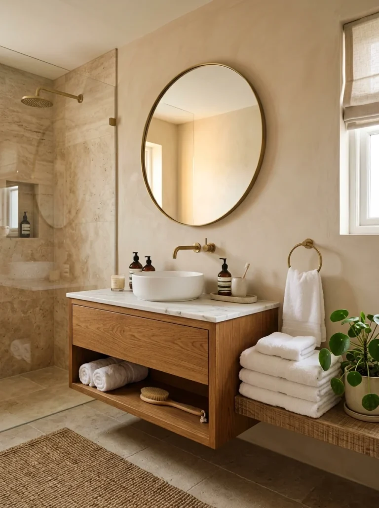Small luxury bathroom with warm lighting and wooden vanity