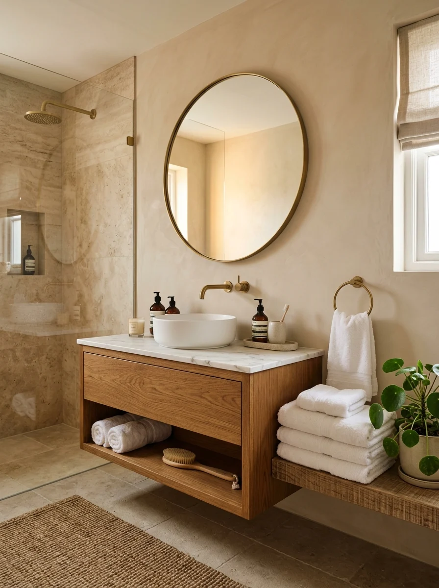 Small luxury bathroom with warm lighting and wooden vanity