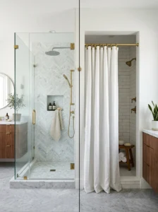 Glass shower door compared with a shower curtain