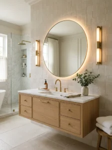 Luxury bathroom vanity with backlit mirror and wall sconces