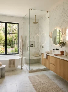 Luxury bathroom with freestanding tub and separate walk-in shower
