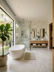 Bathroom showing consistent fixture finishes versus mismatched hardware.