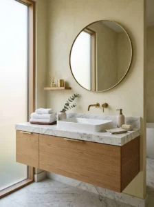 Luxury bathroom vanity with marble countertop and brass faucet