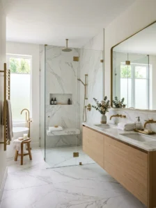 Elegant luxury bathroom featuring a spacious walk-in shower