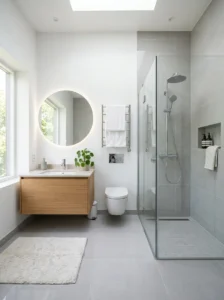 Modern bathroom with perfectly clean grout and fresh tiled surfaces.
