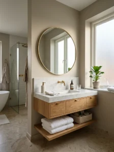 Luxury bathroom with warm greige walls and marble vanity