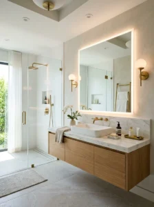 Large illuminated bathroom mirror with balanced side lighting