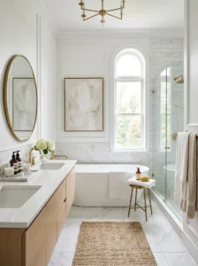Timeless bathroom styled with modern removable accessories