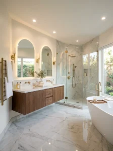 Warm white bathroom with glossy surfaces reflecting artificial light