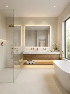 Modern luxury bathroom with large format porcelain tiles