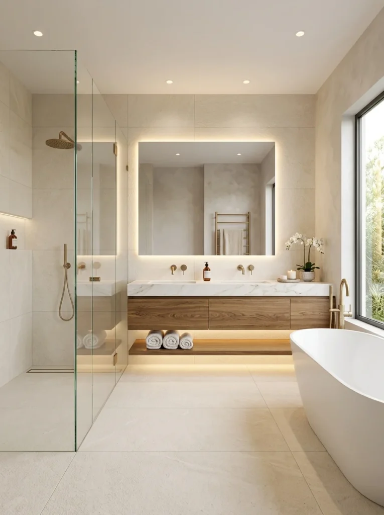 Modern luxury bathroom with large format porcelain tiles