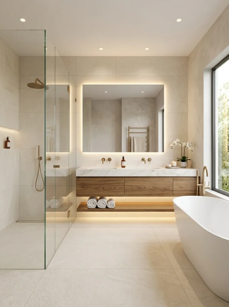 Modern luxury bathroom with large format porcelain tiles