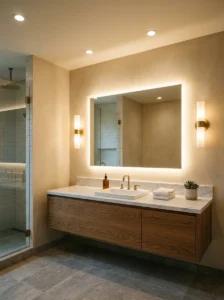 Windowless bathroom with backlit mirror and wall sconces