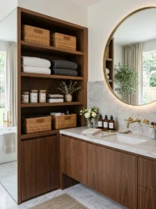Bathroom with organized open shelving and hidden storage