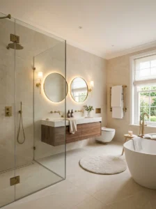 Luxury bathroom with professionally installed porcelain tiles