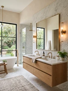 Luxury bathroom with a large framed mirror and wall sconces