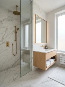 Modern curbless walk-in shower with frameless glass enclosure