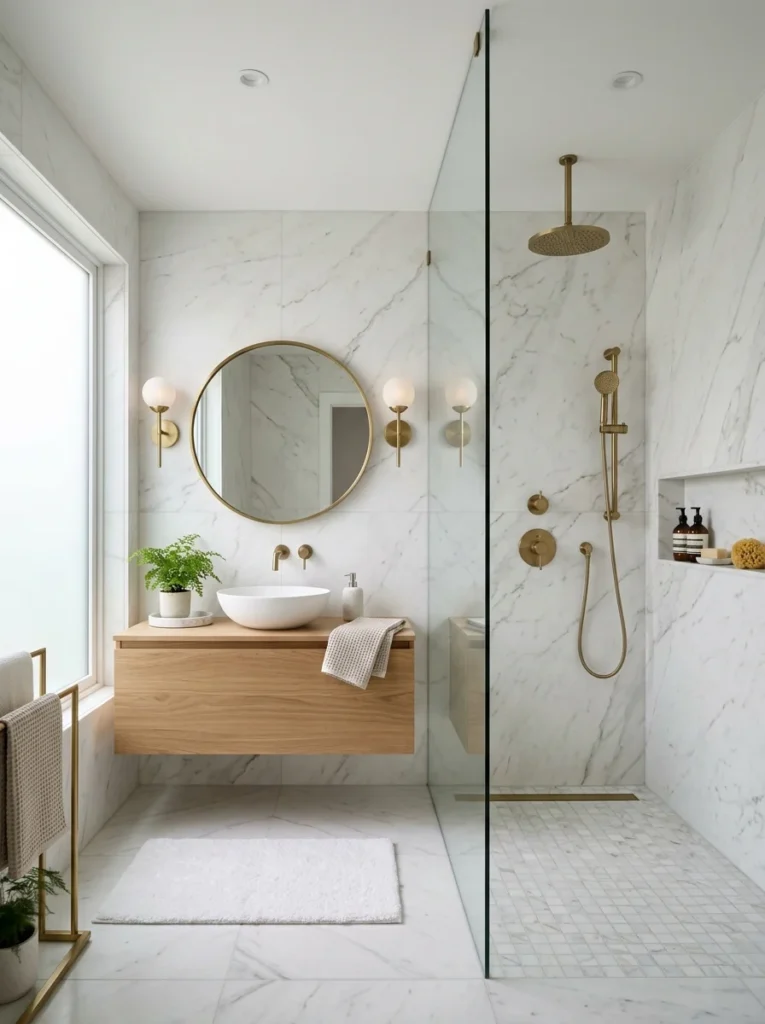 Luxury walk-in shower with frameless glass and marble-look tiles