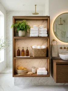Modern bathroom with beautifully styled open shelves
