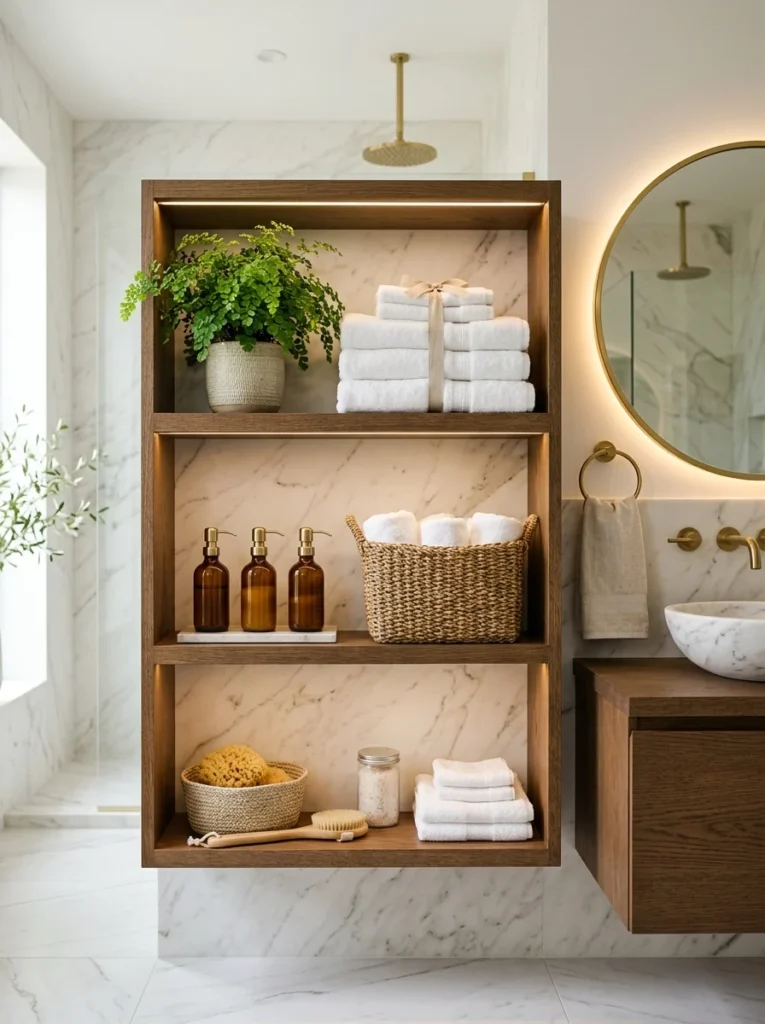 Modern bathroom with beautifully styled open shelves