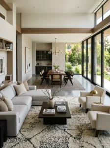 Open-plan living room with separate rugs defining spaces