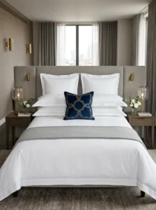 Textured waffle blanket layered beneath a duvet on a hotel-style bed.