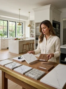 Homeowner comparing different kitchen countertop materials in a showroom