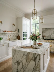 Luxury kitchen featuring natural Calacatta marble countertops