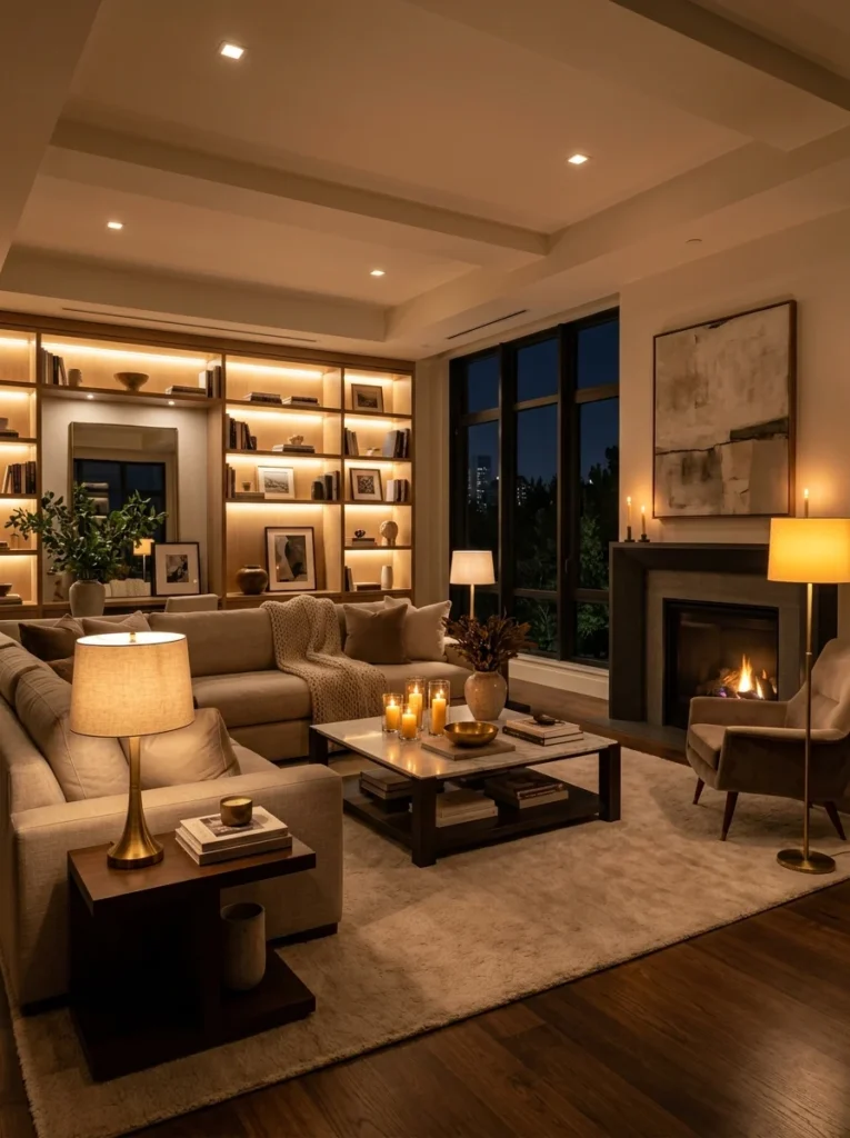 Warm layered lighting in a cozy living room at night