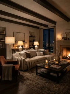 Living room with layered table and floor lamps