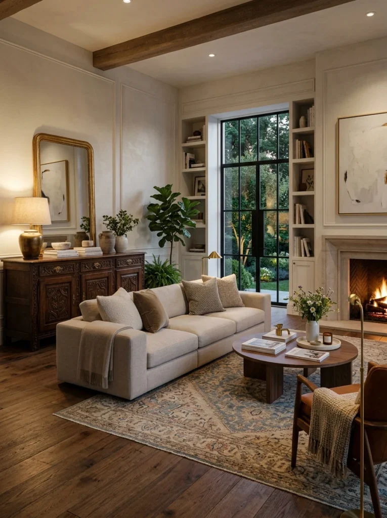 Living room with a balanced mix of old and new furniture