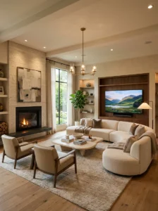 Living room with fireplace and television on opposite walls