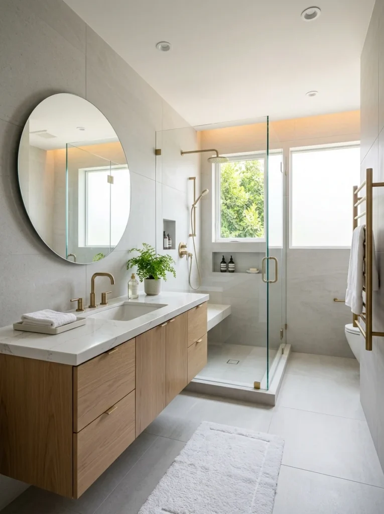 Modern easy-to-clean bathroom with large-format tiles and quartz vanity