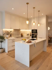Borrowed natural light flowing into a windowless kitchen