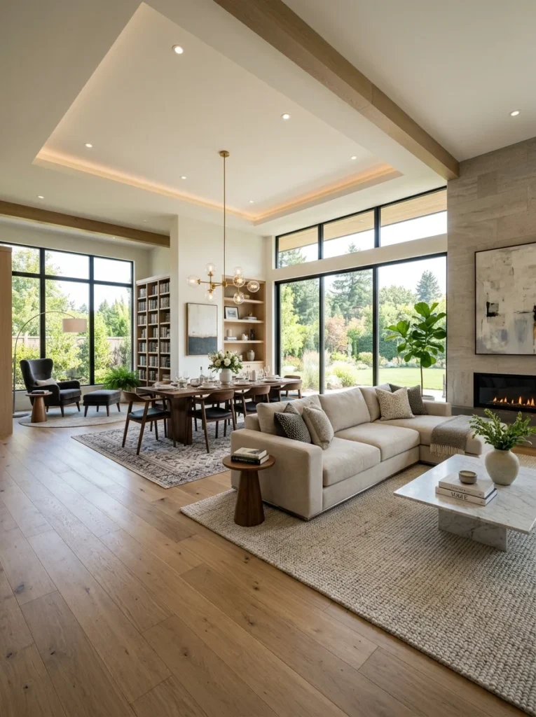 Modern open-plan living room with clearly defined functional zones