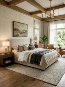 Balanced master bedroom combining modern and traditional design styles for two partners with different decorating tastes.
