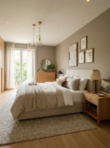 Modern master bedroom combining two different design styles in a balanced and cohesive way.