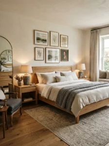 Master bedroom using natural materials to blend different decorating styles.