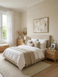 Neutral bedroom design that allows two different decorating styles to work together.