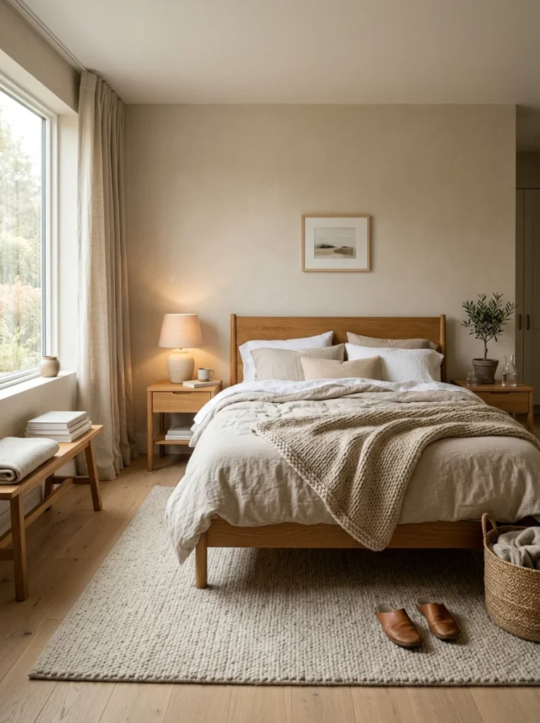 Minimal bedroom with layered textures creating a calm and cozy atmosphere instead of an empty look.