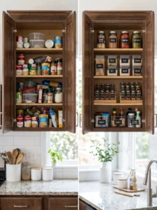 Messy kitchen cabinet compared with an organized cabinet system