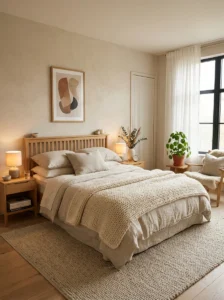 A calm minimalist bedroom with layered textures, warm lighting, and thoughtful decor creating a peaceful atmosphere.