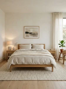 Example of a calm bedroom using texture, lighting, and intentional styling.
