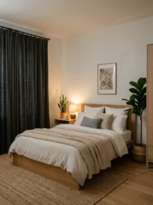 Restful bedroom with calming colors and minimal décor