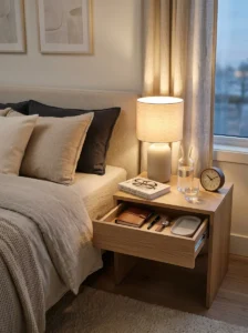 Minimal bedroom nightstand setup showing practical bedtime essentials.