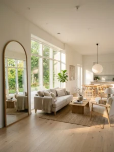 Large mirror improving light and space in a modern home.