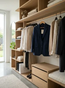 Unworn clothes hanging in a modern wardrobe.